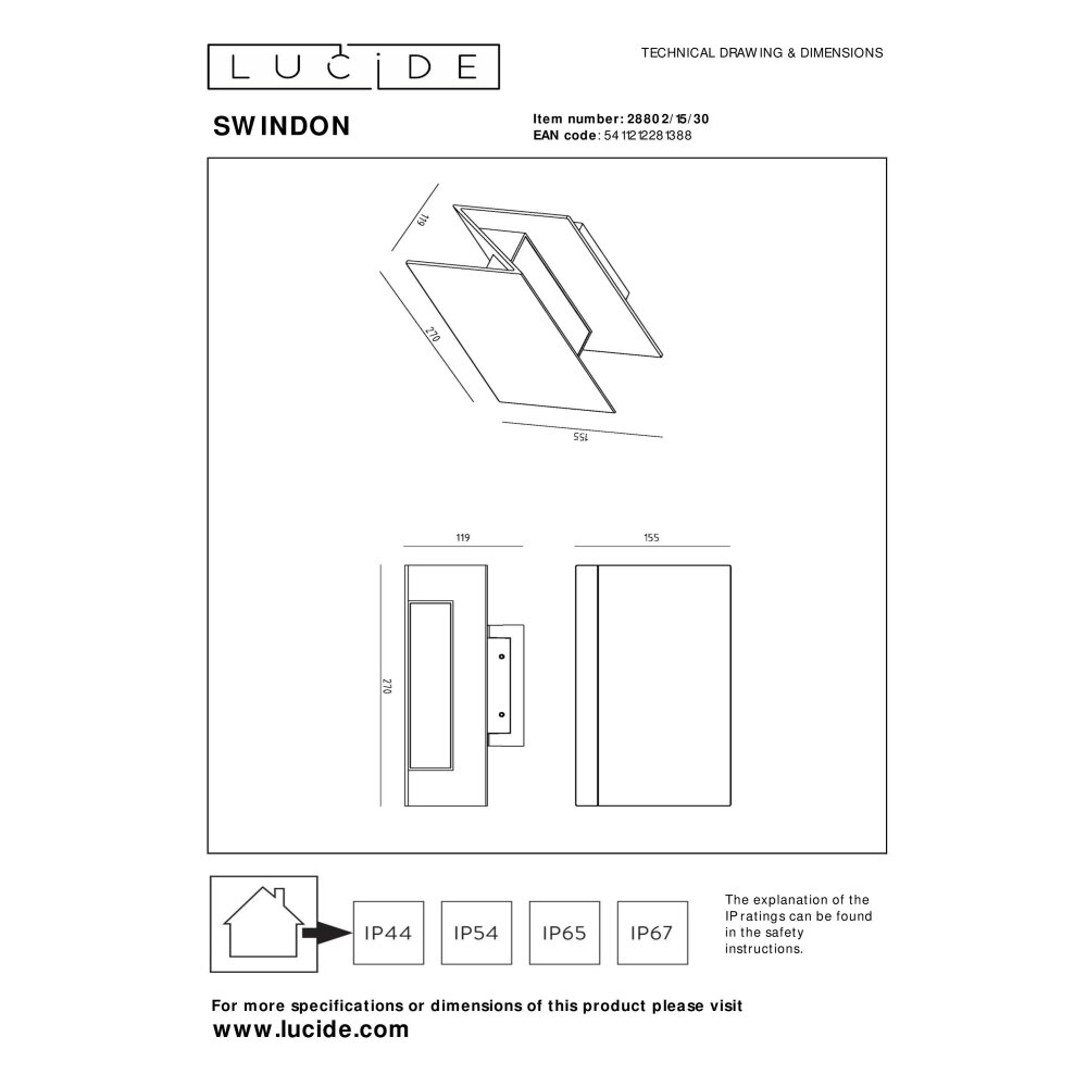 Lucide SWINDON Outdoor Wall Light LED black, 1-light source