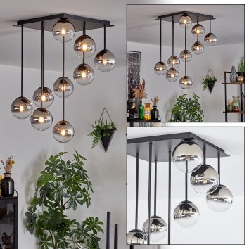 Chehalis ceiling light, globe light chrome, clear, Smoke-coloured, 9-light sources