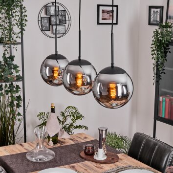 Gastor hanging light, globe light chrome, Smoke-coloured, 3-light sources