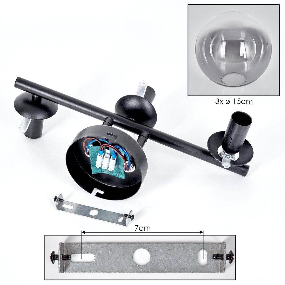 Gastor ceiling light, globe light clear, Smoke-coloured, 3-light sources