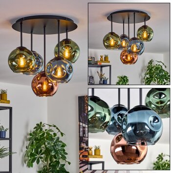 Ripoll ceiling light, globe light blue, green, coppery, 5-light sources